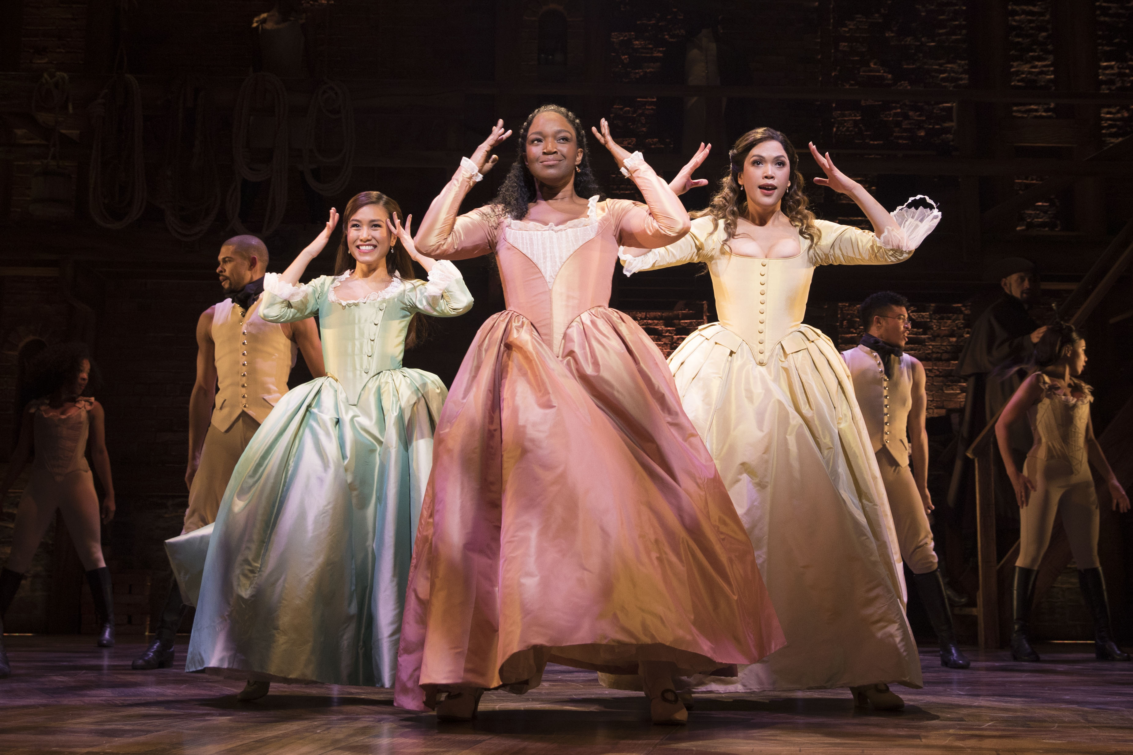 l-r Rachelle Ann Go (Eliza), Rachel John (Angelica) and Christine Allado (Peggy) - The Schuyler Sisters - Photo Credit Matthew Murphy