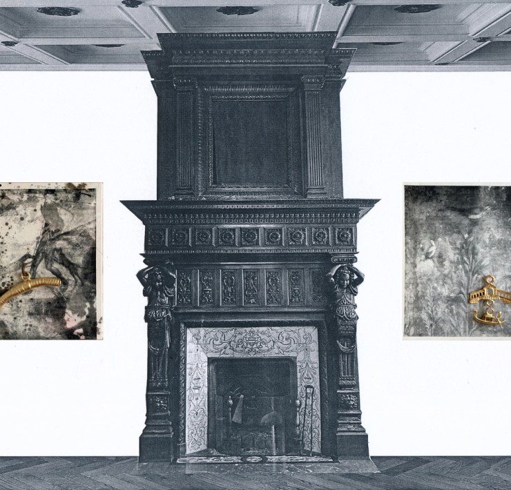 Fire Place left, Ego in Arcadia, 2025, silk screen print on canvas, glazed ceramic, 24 carat gold leaf, steel, diptych, each panel 100 x 80 x 10 cm. Image courtesy of the artist and Christopher Taylor.